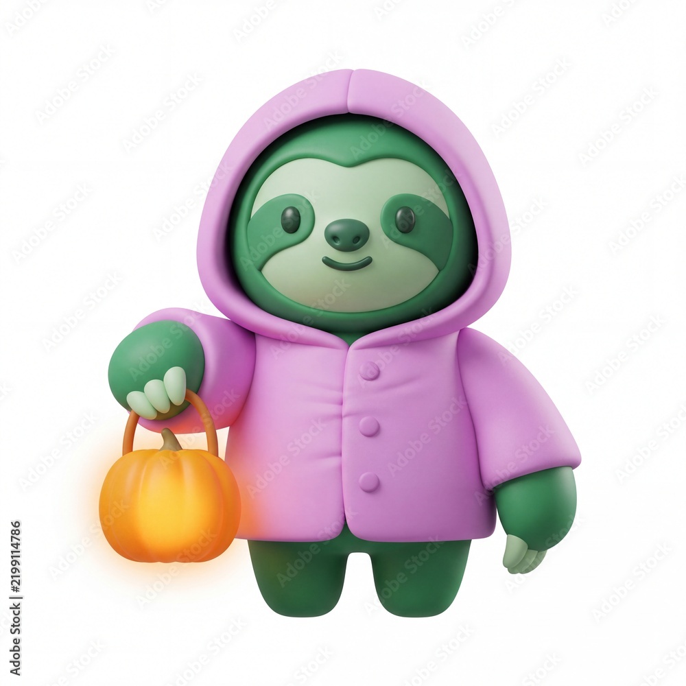 Obraz premium Cute 3D green sloth in pink hoodie holding glowing pumpkin lantern