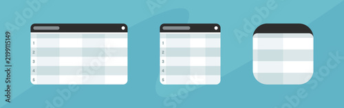 Data Table UI Interface Mockup Vector Set with Spreadsheet Window Layouts. Spreadsheet App Concept Illustration