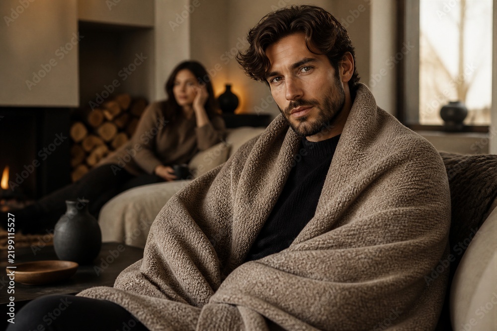 Fototapeta premium Man wrapped in blanket seated in cozy living room near fireplace