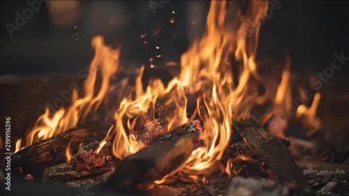Crackling Campfire: Flames dance and flicker over burning logs, casting a warm, inviting glow in this close-up shot of a campfire. Sparks fly upwards, creating a mesmerizing display of light and heat.