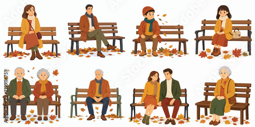 Vector of someone sitting casually on a park bench amidst falling leaves. Autumn theme. Vector, flat, illustration, minimalist