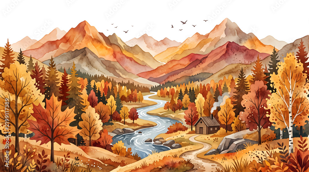 Obraz premium Vibrant autumn mountain landscape with winding river and forest