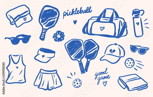 Set of hand drawn blue pickleball illustrations featuring paddles, balls, sportswear, bag, bottle, sunglasses, towel, and playful lettering