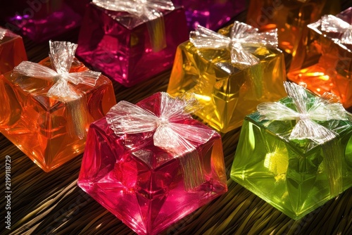 Brightly wrapped colorful gelatin desserts in spotlight