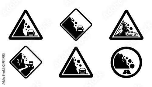 Rockfall Hazard Warning Signs, Landslide Alert Symbols, Danger Road Icons, Mountain Safety Alerts, Vector Graphics Set