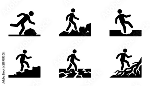 Walking Hazard Icons: Risk, Obstacles, Danger, Falling, Stumbling, Journey, Steps