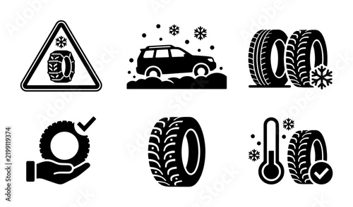Winter Tire Icons Set, Snow Driving Safety, Automotive Season Change, Vehicle Traction Control