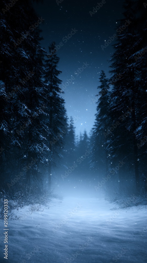 Fototapeta premium Nighttime snowy forest with tall pine trees