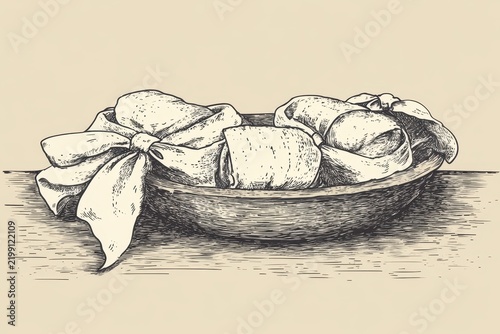 Hand drawn sketch of a ribbon bow in a bowl