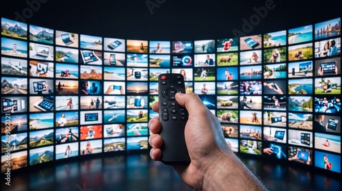 Hand holding remote control in front of a wall of television screens. Broadcast media entertainment center with streaming content, channel selection, and digital viewing interface.