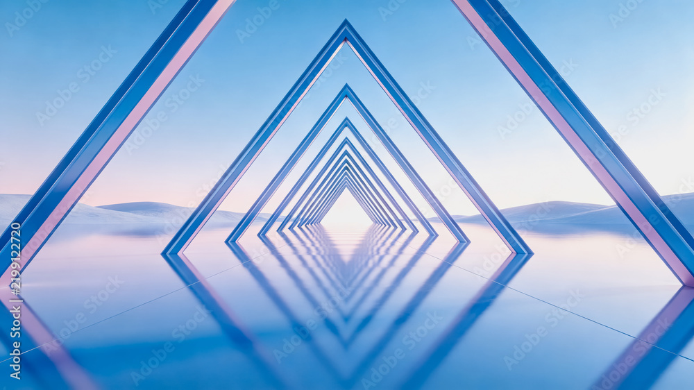 Obraz premium A symmetrical diamond-shaped tunnel structure set against a soft gradient sky and misty desert landscape, creating a serene abstract visual scene.