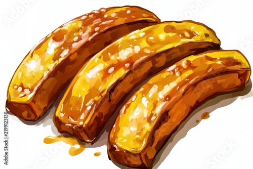 Stylized cartoon art of golden fried bananas