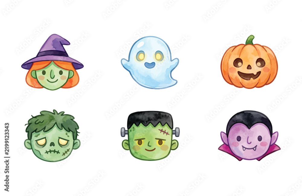 Fototapeta premium Watercolor Halloween Character Icon Set with Witch Ghost Pumpkin Zombie Frankenstein and Vampire Head Isolated on White Background