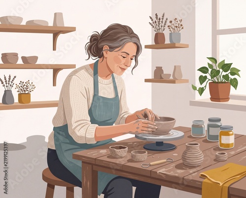 Mature Woman Shaping Ceramic Bowl in Home Pottery Studio, Mindful Creative Hobby and Art Therapy for Midlife Wellness, Editorial Lifestyle Illustration