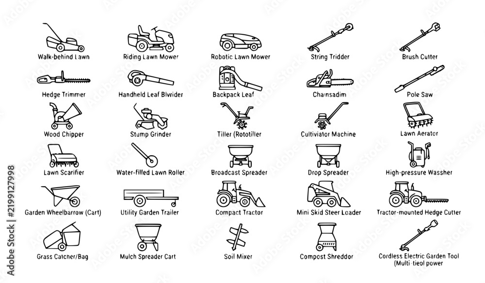 Fototapeta premium Landscaping Equipment Line Icon Set with Lawn Mowers Trimmers Blowers Tillers and Garden Maintenance Machinery Vector Symbols