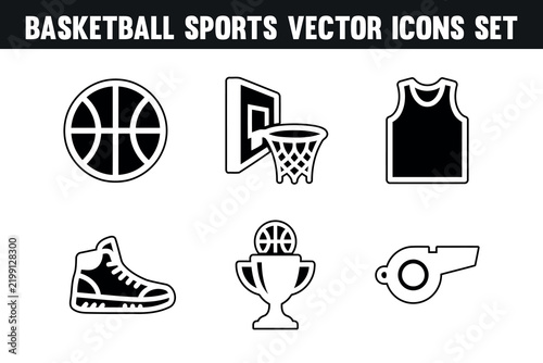 Basketball Sports Vector Icons Set, Ball, Hoop, Jersey, Shoes and Trophy Symbols