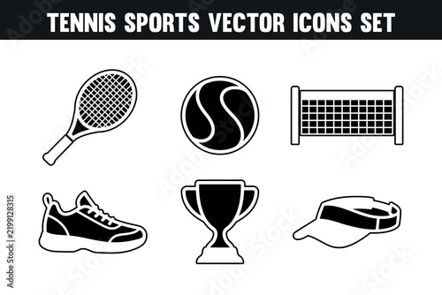 Tennis Sports Vector Icons Set, Racket, Ball, Net, Shoes and Trophy Symbols