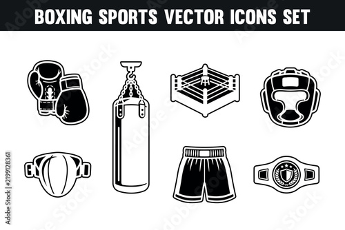 Boxing Sports Vector Icons Set, Gloves, Punching Bag, Ring, Helmet and Belt