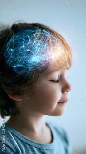 Child with digital brain illustration overlay