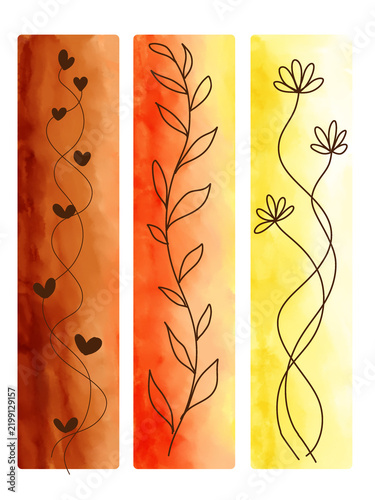Warm watercolor vertical divider, floral line art border orange yellow
