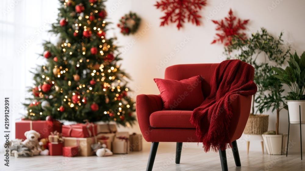 Fototapeta premium Red armchair with Christmas tree and gifts in room