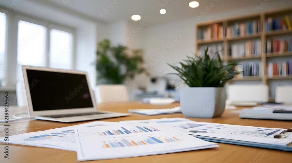 Fototapeta premium Modern office desk with printed business charts laptop and potted plant under bright ambient lighting