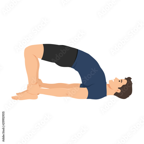 Man Performing Bridge Yoga Pose While Holding His Ankles. Flat vector illustration isolated on white background