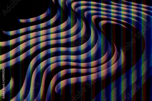 Dynamic dark background with colorful distorted wavy stripes and optical glitch.
