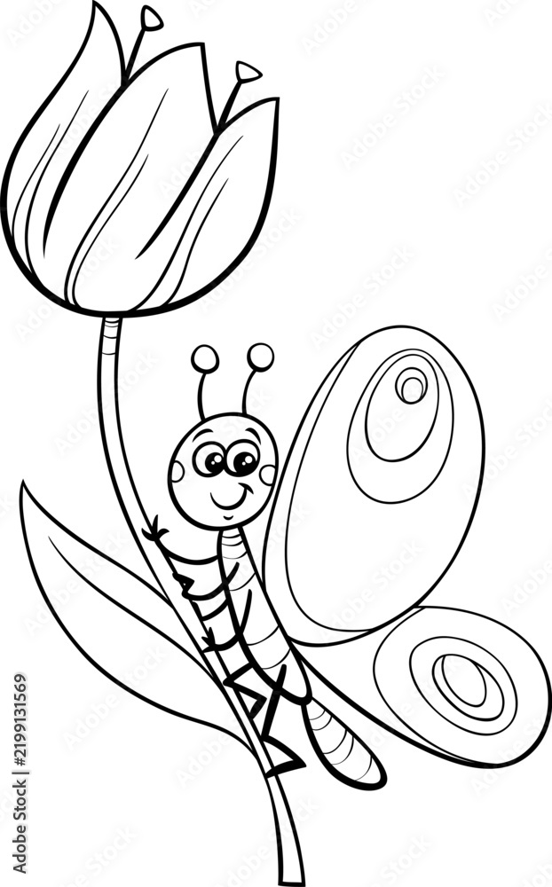 Obraz premium happy cartoon butterfly insect animal character on flower coloring page