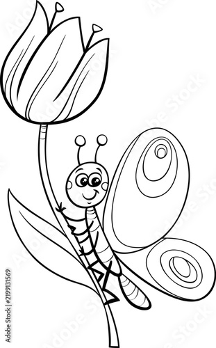 happy cartoon butterfly insect animal character on flower coloring page