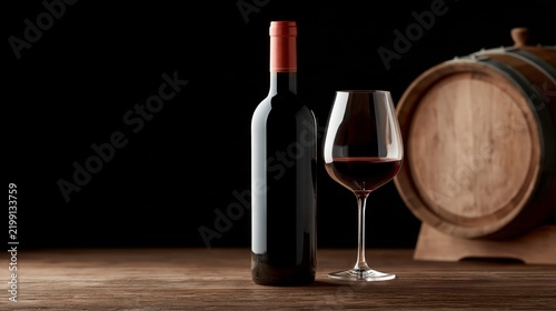 Bodegón de vino tinto conbotella, copa y barrica