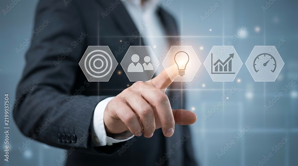Obraz premium Businessman interacting with digital interface icons