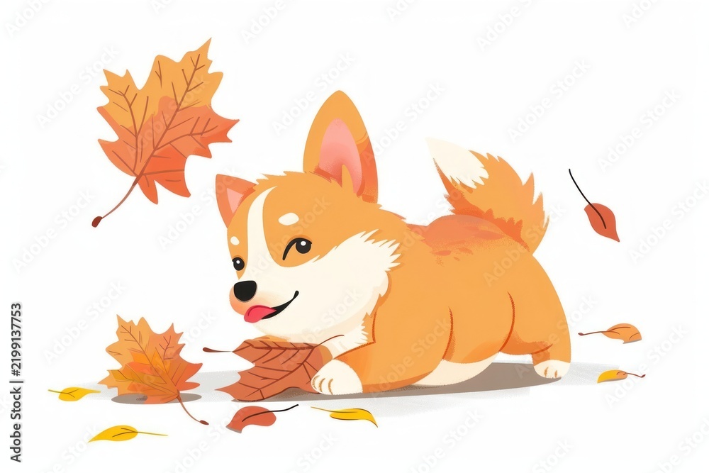 Fototapeta premium Dog playing in fall leaf animal canine mammal.