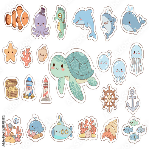 Cute sea animals and marine life sticker element set