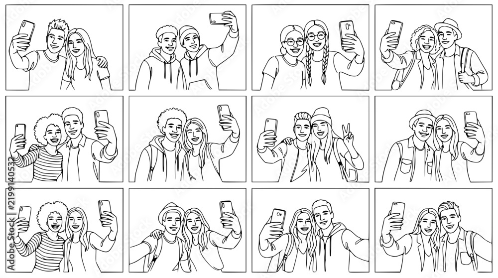 Fototapeta premium Group Selfie Line Art Collection: Friends Taking Photos Together