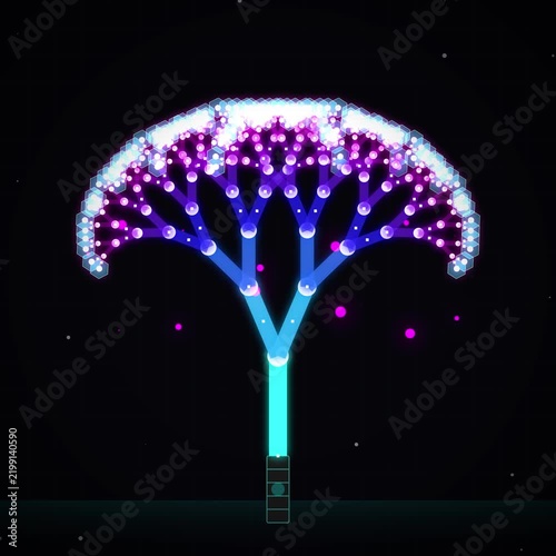 Glowing futuristic bioluminescent tree structure graphic in vibrant purple and blue light