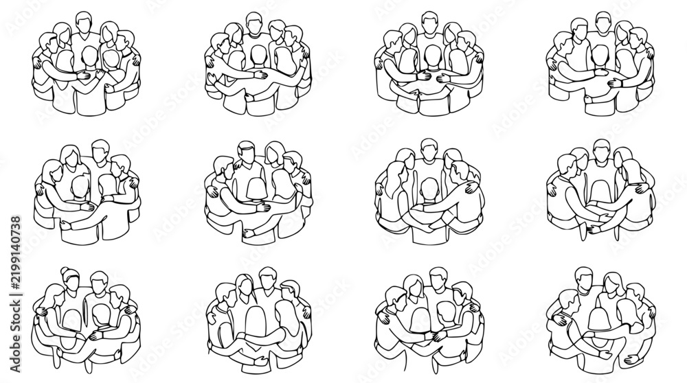 Obraz premium Group Hugs Isolated - Diverse People Embracing in Circles, Unity & Connection