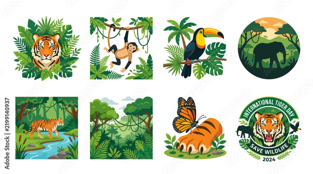 Obraz premium Jungle wildlife vector icon pack showcasing exotic animals like tigers, monkeys, and toucans amidst lush tropical rainforest foliage and natural habitats.