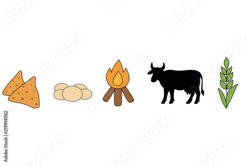 Indian Festival Symbols with Food and Fire Illustration