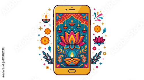 Diwali Festival Greeting on Smartphone Screen Vector Illustration