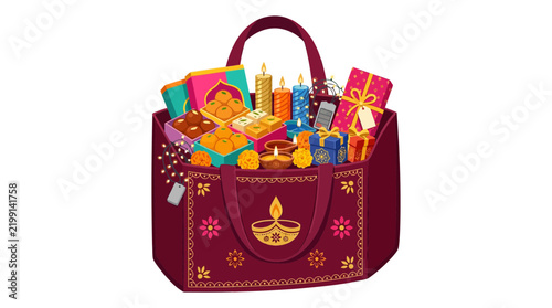 Diwali Festival Gift Hamper Tote Bag with Sweets and Diyas Vector Illustration