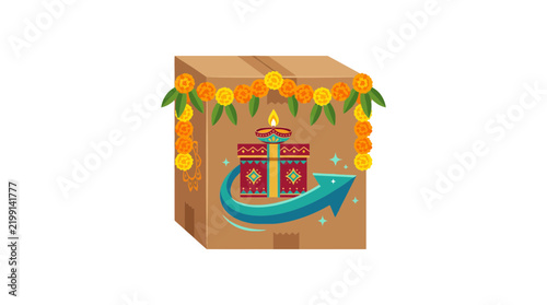 Diwali Festival Delivery Parcel with Gift and Diya Vector Illustration