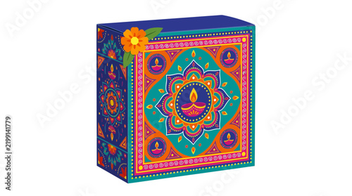 Diwali Festive Gift Box with Rangoli Diya Patterns Vector Illustration