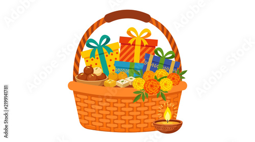 Diwali Festive Gift Basket with Sweets and Diya Vector Illustration