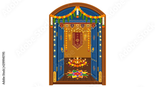 Indian Home Entrance Decorated for Diwali Celebration Vector Illustration