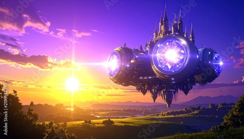 Futuristic castle in the sky at sunset.
