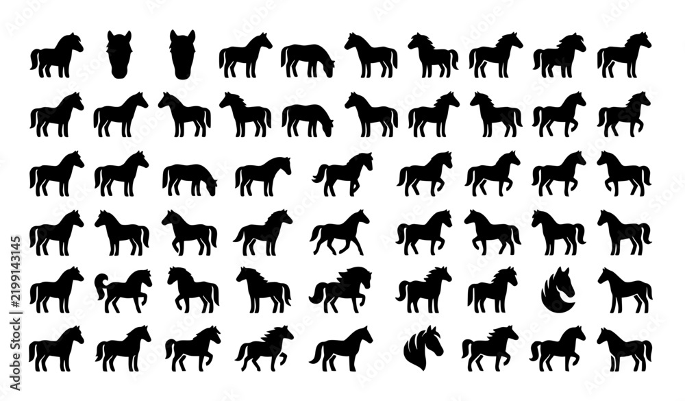 Obraz premium Bold Pony Horse Silhouette Pictogram Farm Animal Flat Vector Collection