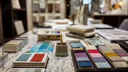 An interior design studio with creative tools, color palettes, and samples on display for home and office design inspiration.