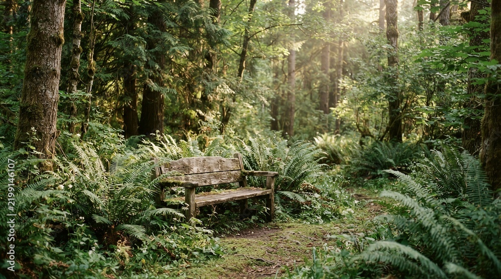 Obraz premium Wooden bench resting among ferns in shaded forest path