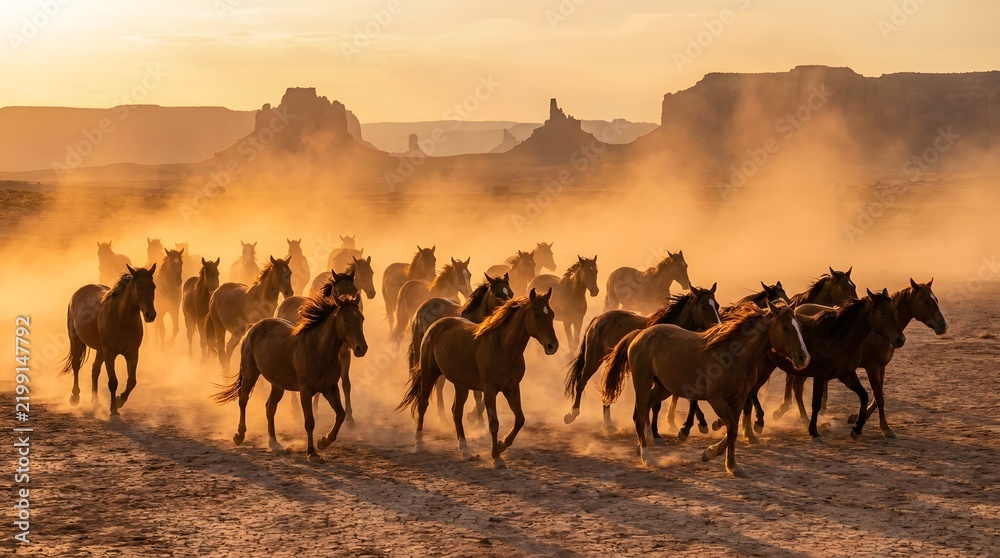Fototapeta premium Wild horses running through desert landscape at sunset with dust clouds